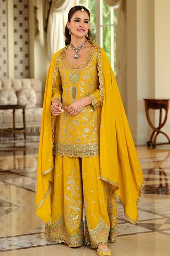 Yellow embroidered straight kurta palazzo with dupatta set