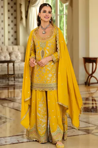 Yellow embroidered straight kurta palazzo with dupatta set