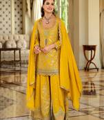 Yellow embroidered straight kurta palazzo with dupatta set