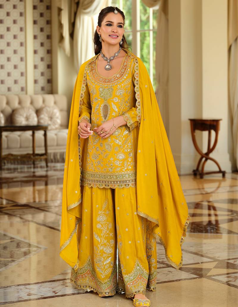 Yellow embroidered straight kurta palazzo with dupatta set