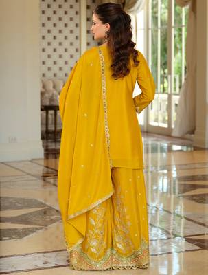 Yellow embroidered straight kurta palazzo with dupatta set 2