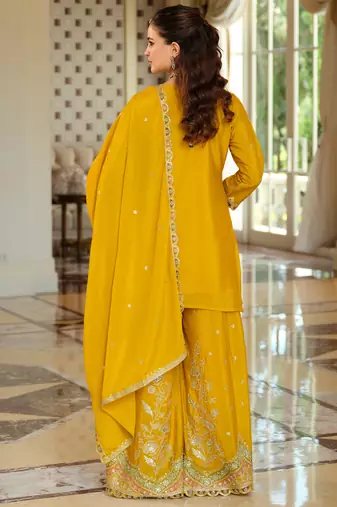 Yellow embroidered straight kurta palazzo with dupatta set