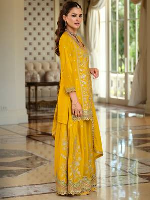 Yellow embroidered straight kurta palazzo with dupatta set 3