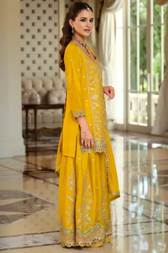 Yellow embroidered straight kurta palazzo with dupatta set