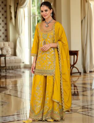 Yellow embroidered straight kurta palazzo with dupatta set 4