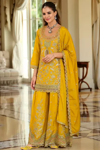 Yellow embroidered straight kurta palazzo with dupatta set