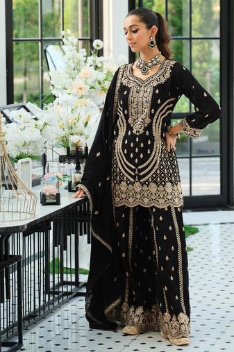Black embroidered straight kurta palazzo with dupatta set