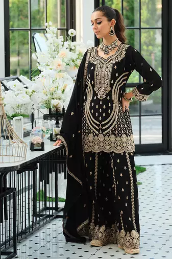 Black embroidered straight kurta palazzo with dupatta set