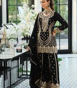 Black embroidered straight kurta palazzo with dupatta set