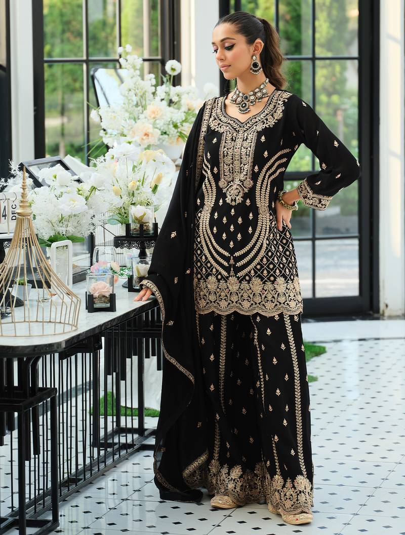 Black embroidered straight kurta palazzo with dupatta set