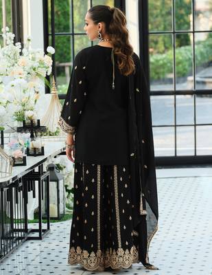 Black embroidered straight kurta palazzo with dupatta set 2