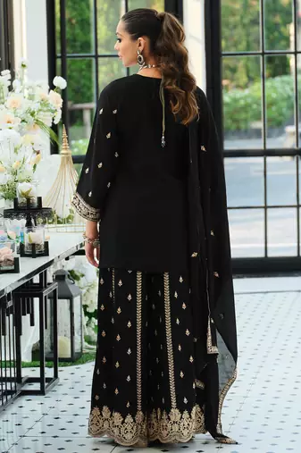 Black embroidered straight kurta palazzo with dupatta set
