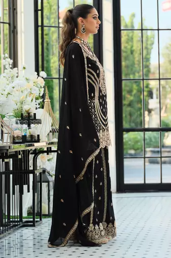 Black embroidered straight kurta palazzo with dupatta set
