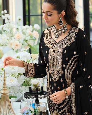 Black embroidered straight kurta palazzo with dupatta set 4