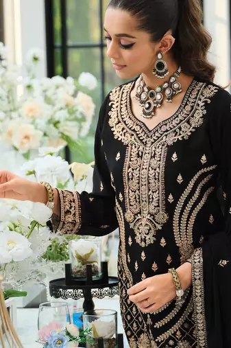 Black embroidered straight kurta palazzo with dupatta set