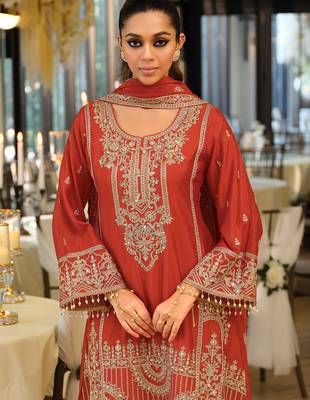Orange embroidered a-line kurta palazzo with dupatta set 1