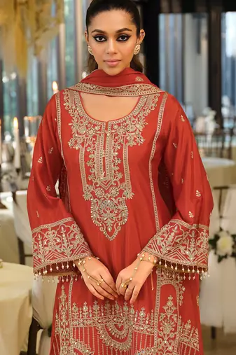 Orange embroidered a-line kurta palazzo with dupatta set