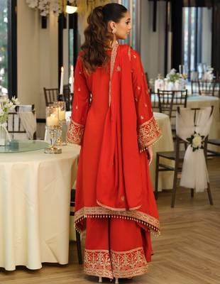 Orange embroidered a-line kurta palazzo with dupatta set 2