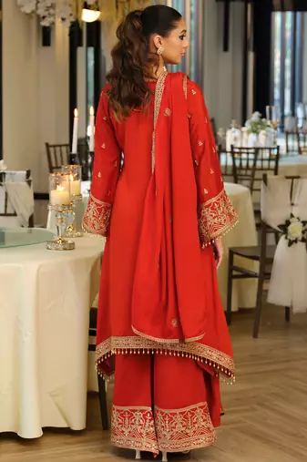 Orange embroidered a-line kurta palazzo with dupatta set