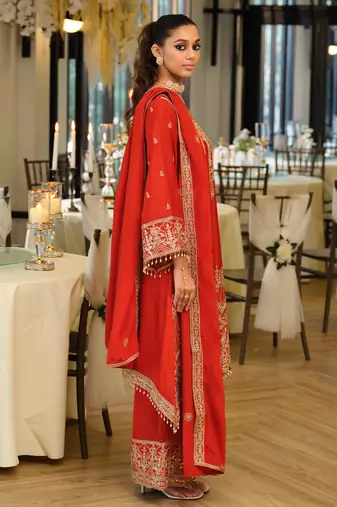 Orange embroidered a-line kurta palazzo with dupatta set