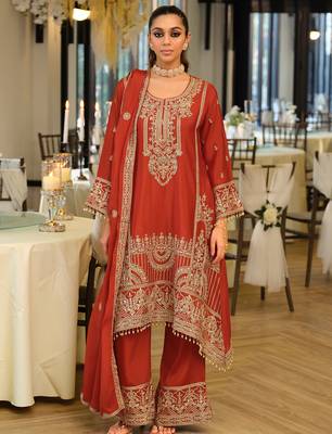 Orange embroidered a-line kurta palazzo with dupatta set 4