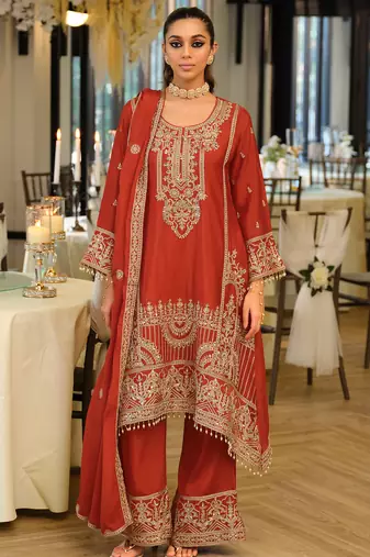 Orange embroidered a-line kurta palazzo with dupatta set