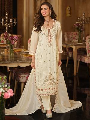 Cream embroidered straight kurta trousers with dupatta set 1