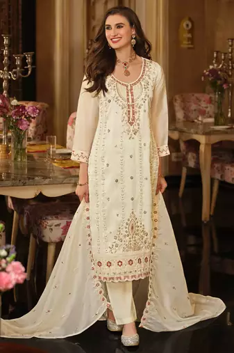 Cream embroidered straight kurta trousers with dupatta set