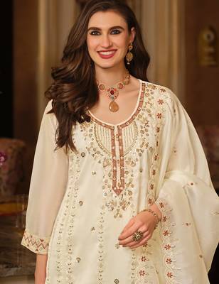 Cream embroidered straight kurta trousers with dupatta set 4