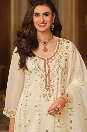 Cream embroidered straight kurta trousers with dupatta set