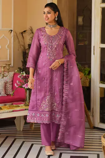 Pink embroidered straight kurta trousers with dupatta set