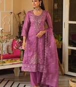 Pink embroidered straight kurta trousers with dupatta set