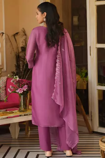 Pink embroidered straight kurta trousers with dupatta set