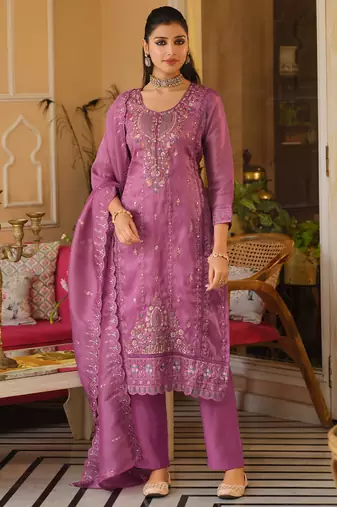 Pink embroidered straight kurta trousers with dupatta set