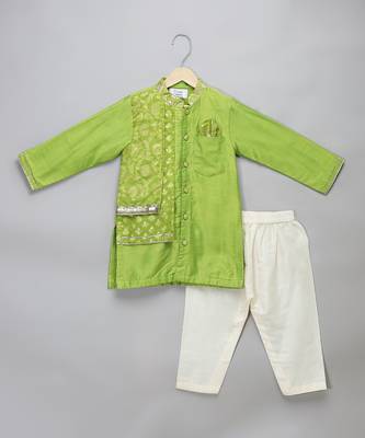 Lime green woven cotton silk Men Kurta Set 1