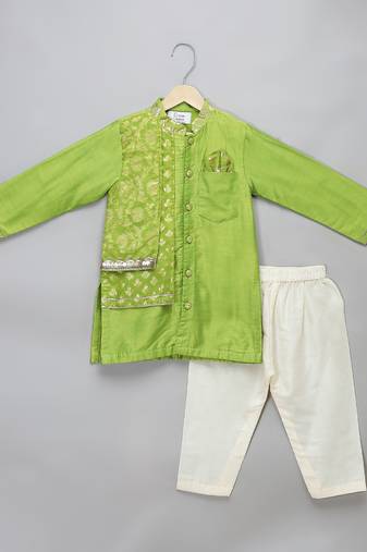Lime green woven cotton silk Men Kurta Set