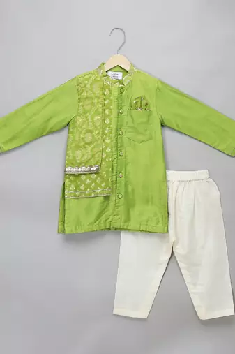 Lime green woven cotton silk Men Kurta Set