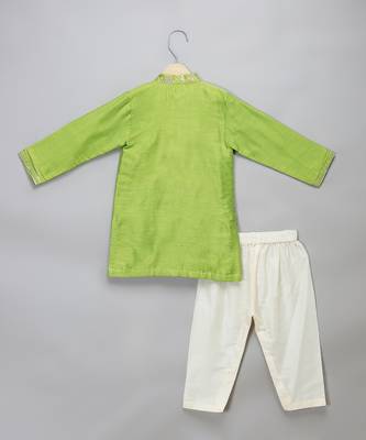 Lime green woven cotton silk Men Kurta Set 2