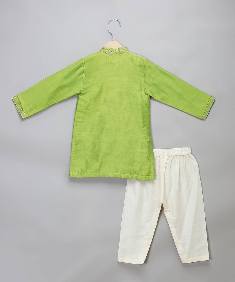 Lime green woven cotton silk Men Kurta Set