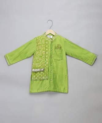 Lime green woven cotton silk Men Kurta Set 3