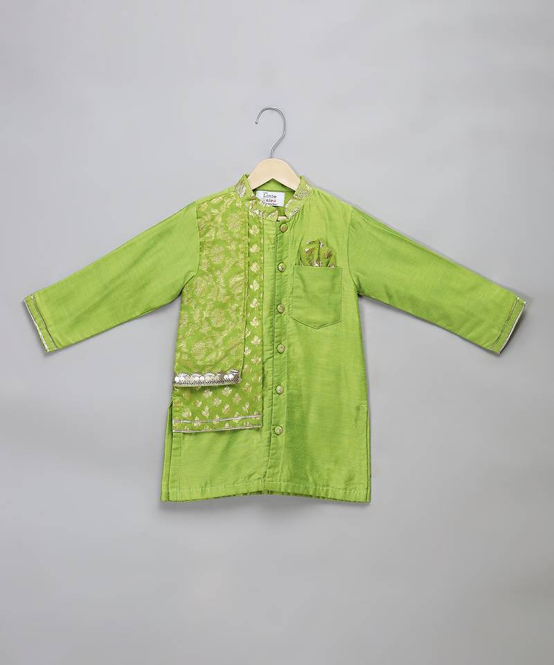 Lime green woven cotton silk Men Kurta Set