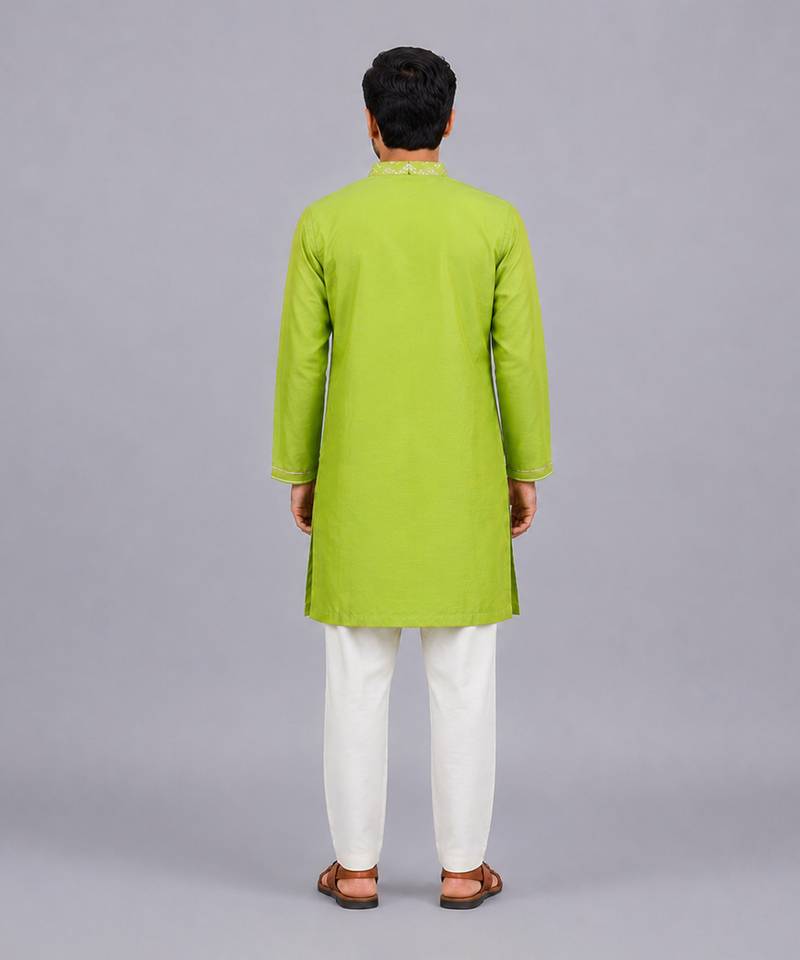 Lime green woven cotton silk Men Kurta Set