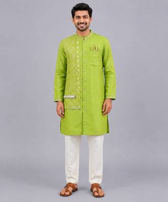 Lime green woven cotton silk Men Kurta Set 9