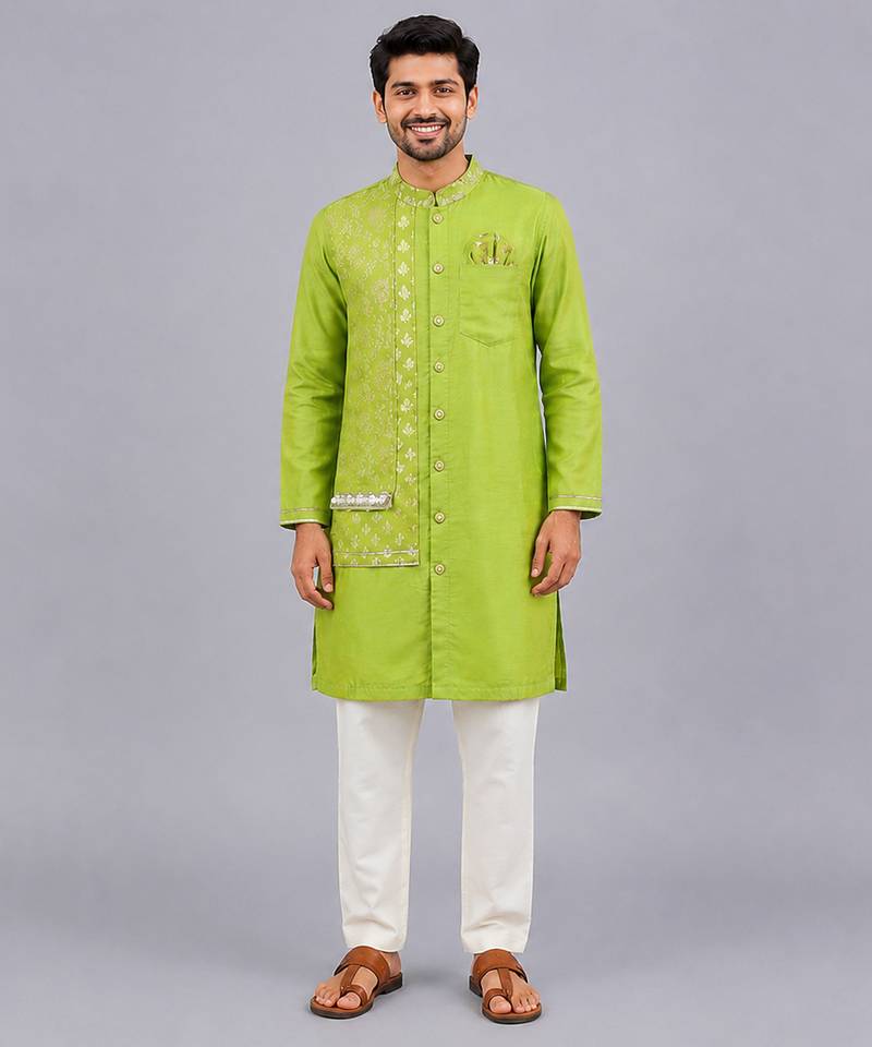 Lime green woven cotton silk Men Kurta Set