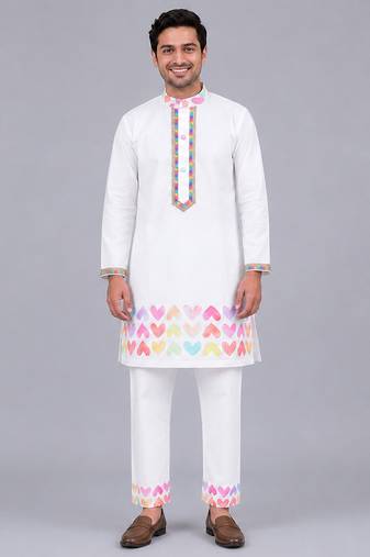 White heart printed cotton Men Kurta Set