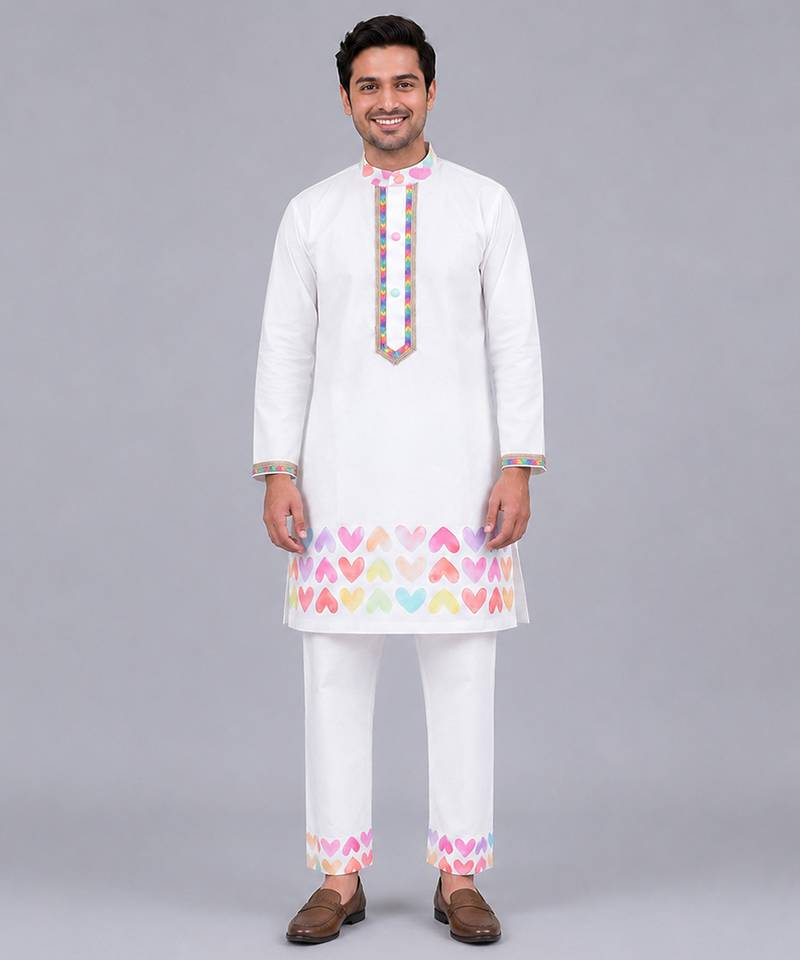 White heart printed cotton Men Kurta Set