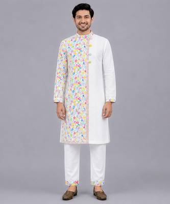 White multicolor printed cotton Men Kurta Set 1