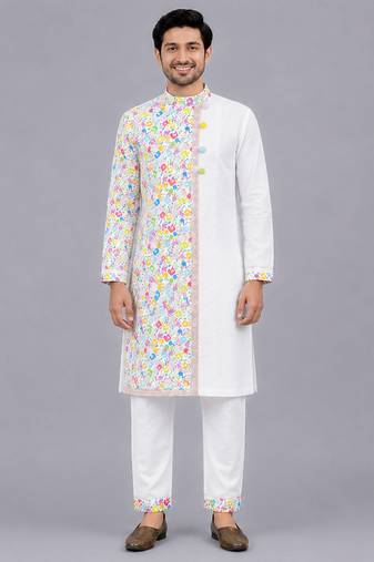 White multicolor printed cotton Men Kurta Set