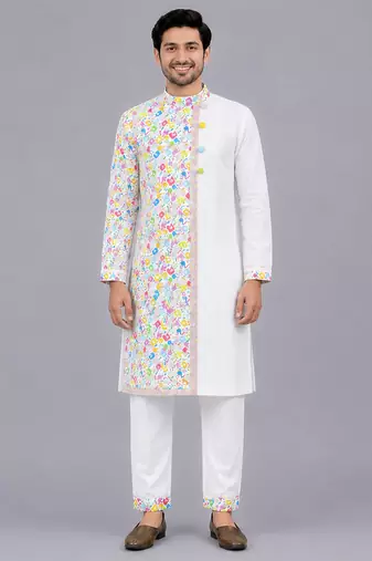 White multicolor printed cotton Men Kurta Set