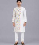 White multicolor printed cotton Men Kurta Set